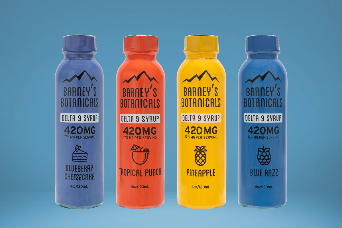 Four bottles of barney's botanicals thc infused syrup drinks