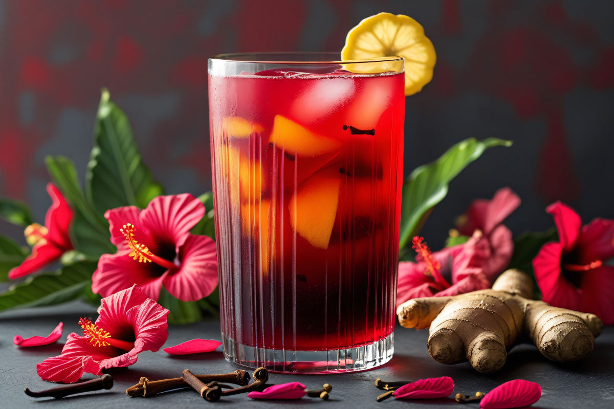 Glass of ginger hibiscus cold tea with lemon on glass and flowers and piece of ginger in background