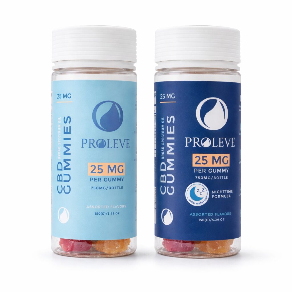 Two bottles of Proleve CBD gummies on a white background