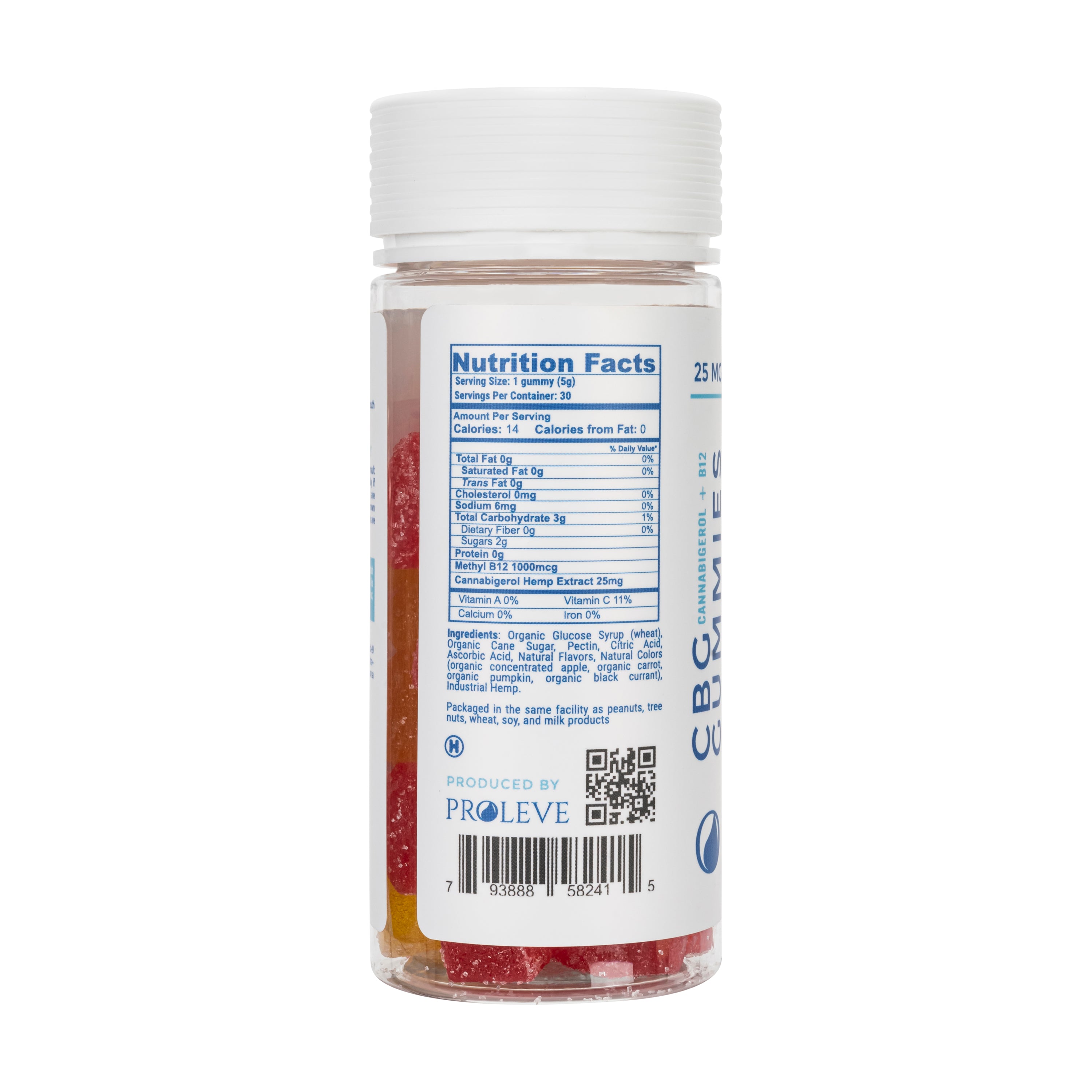 Nutrition Facts for Proleve 25MG CBG plus B12 Gummies 30 Count Bottle