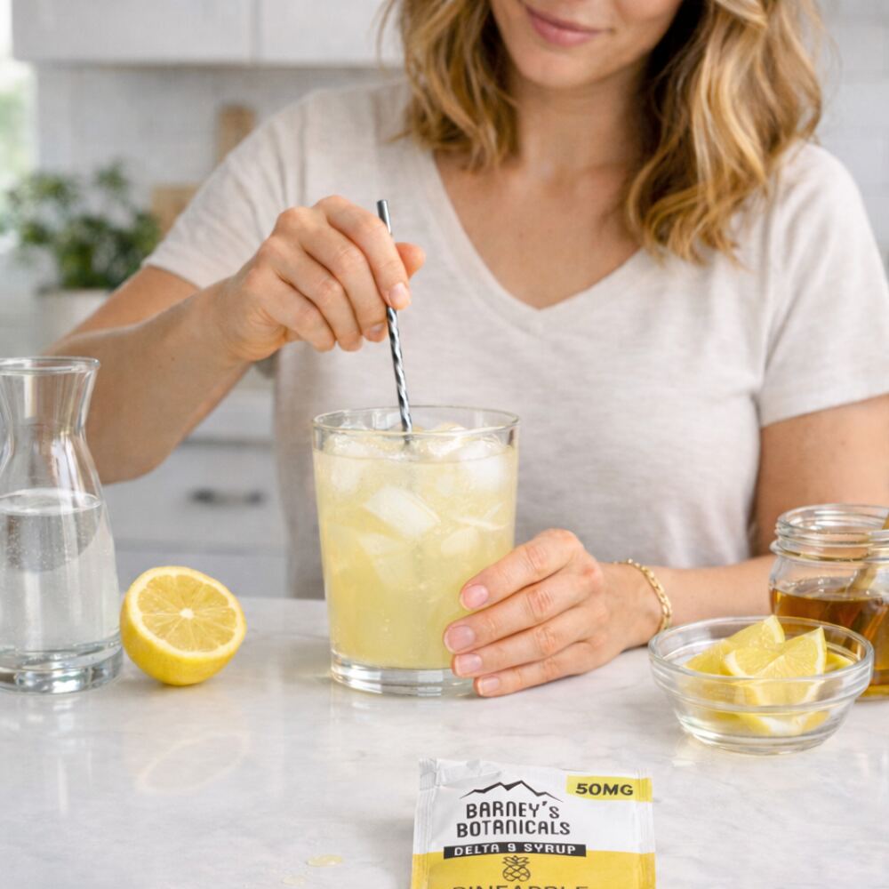 Person mixing a drink with Barney's Botanicals  Delta 9 Syrup 