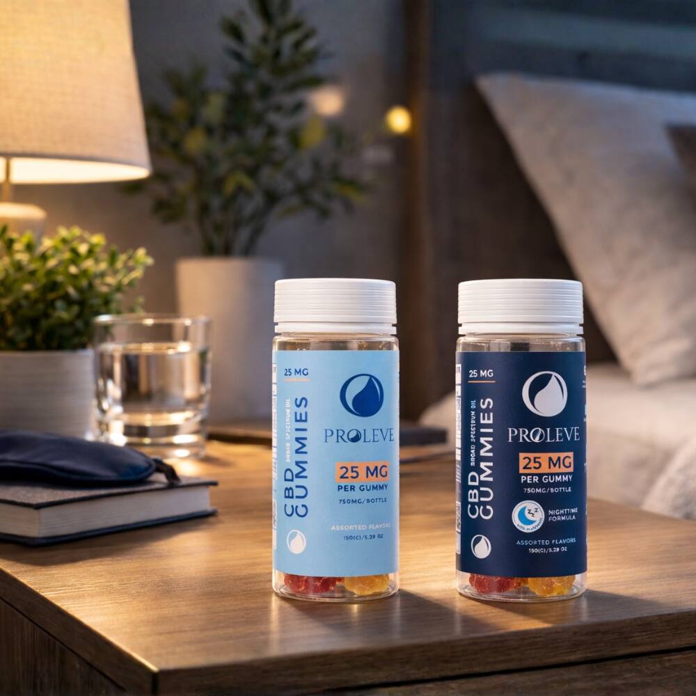 Two bottles of Proleve CBD Gummies on a wooden table with a cozy indoor setting.