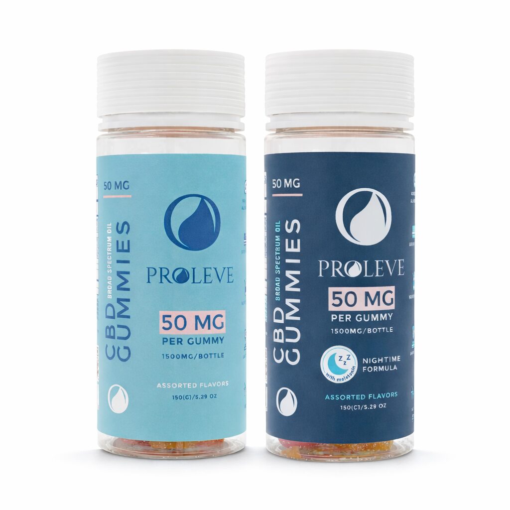 Two bottles of Proleve CBD Gummies on a white background