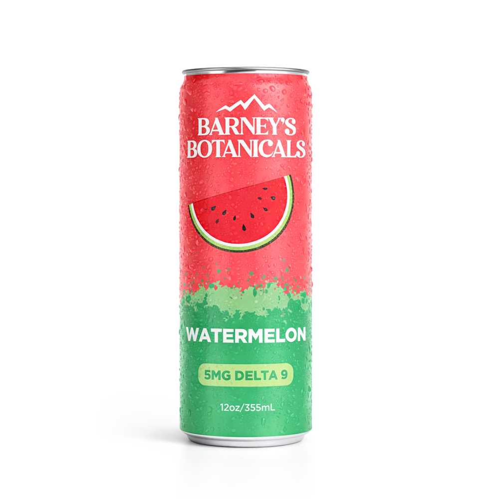 Barney's Botanicals watermelon-flavored drink can on a white background