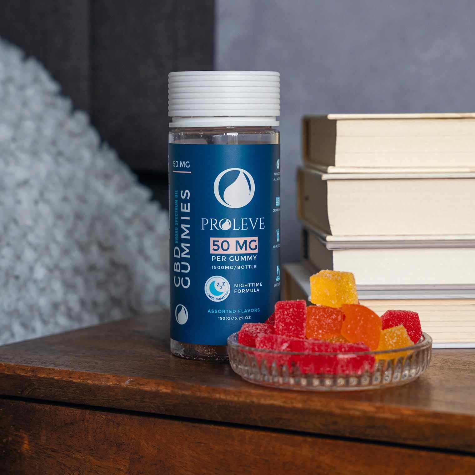 Proleve CBD PM gummies bottle on a night stand