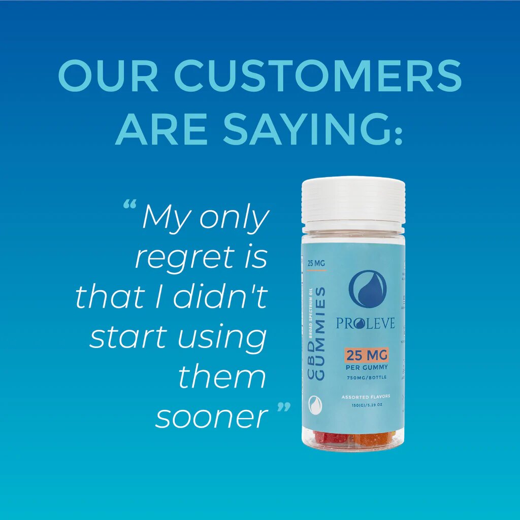 Bottle of Proleve gummies with customer quote on a blue background