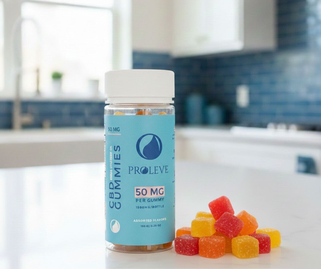 Proleve CBD Gummies bottle with gummies on a kitchen counter
