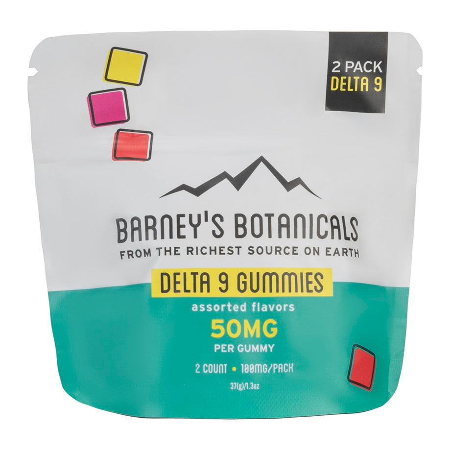 Packaging of Barney's Botanicals Delta 9 Gummies with colorful squares on a white background