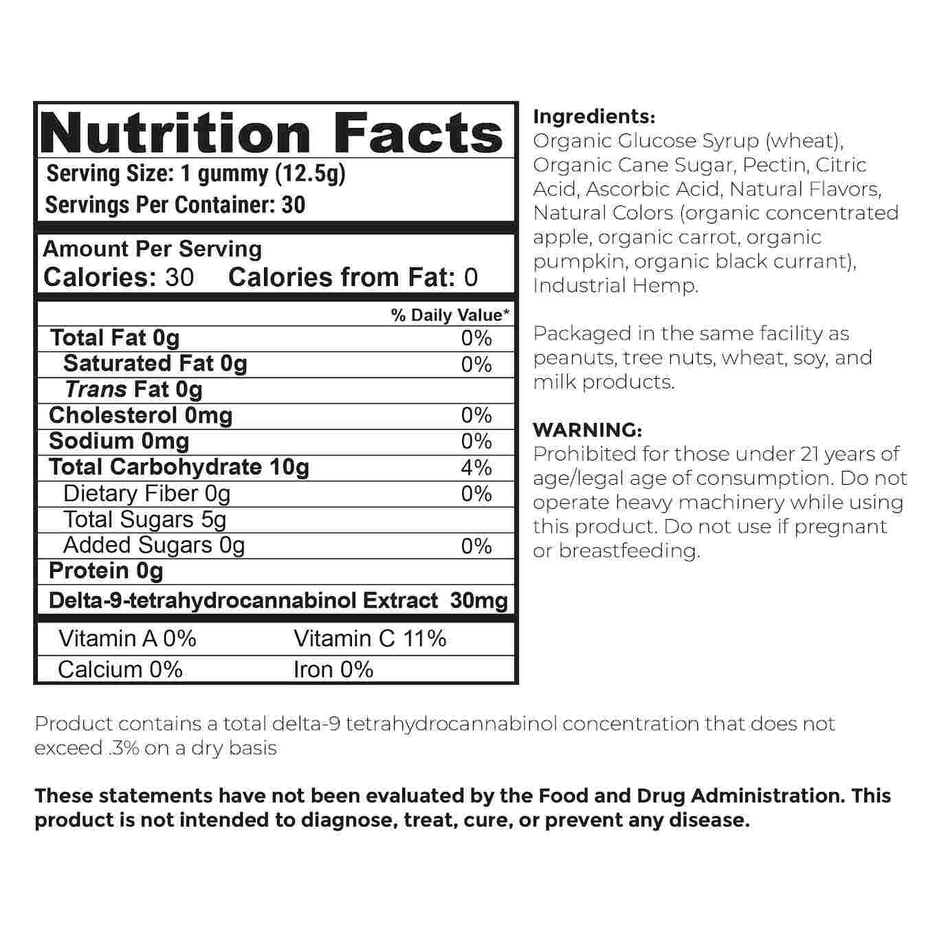 Nutrition facts label for a gummy product with ingredients and warning information.