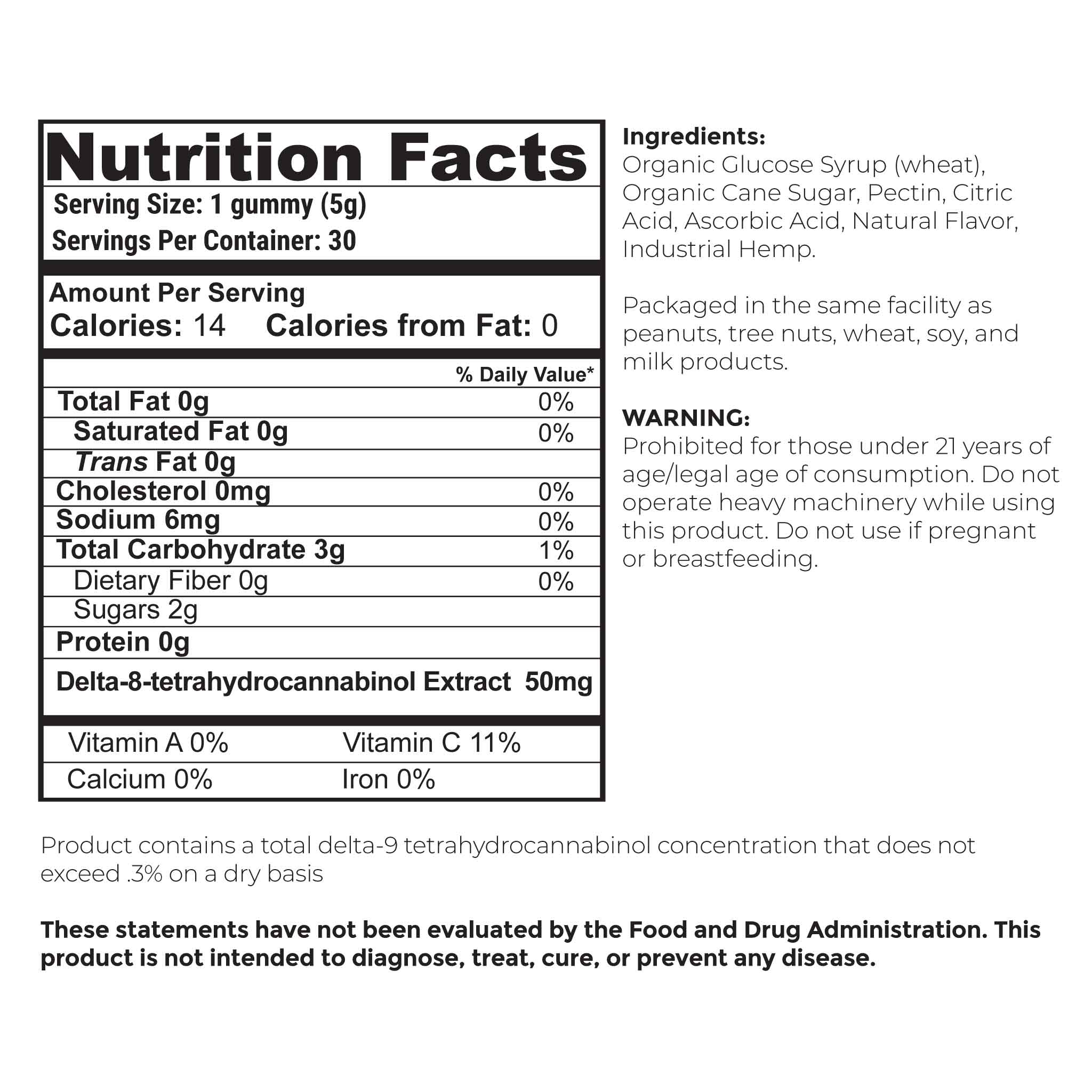 nutrition facts for thc delta 8 gummies 50mg 30 count bottle