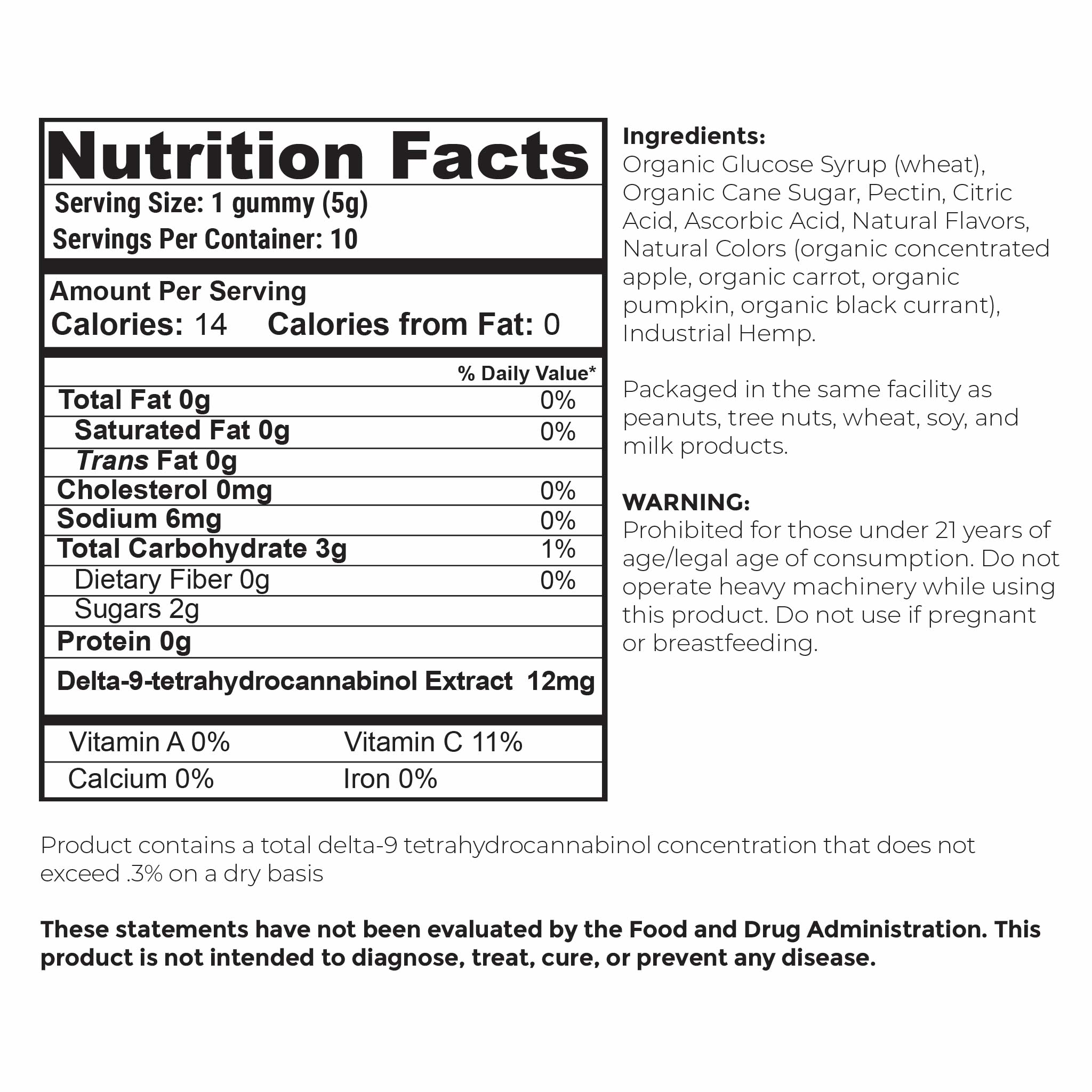 Nutrition facts and serving size information for Barney's Botanicals 12MG Delta 9 THC Gummies 10 Pack