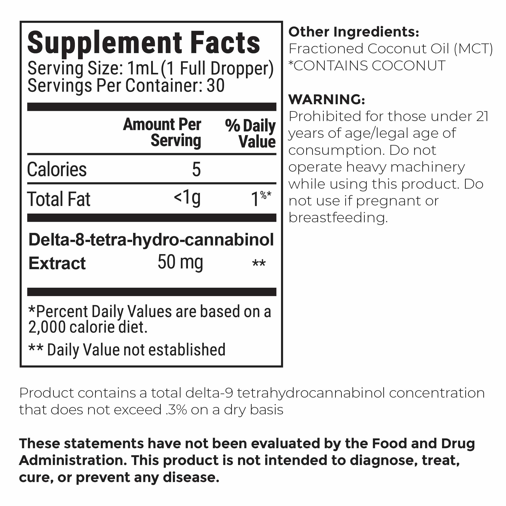 Nutrition facts and serving size information for Barney's Botanicals 1500mg Delta 8 THC Tincture - Bottle