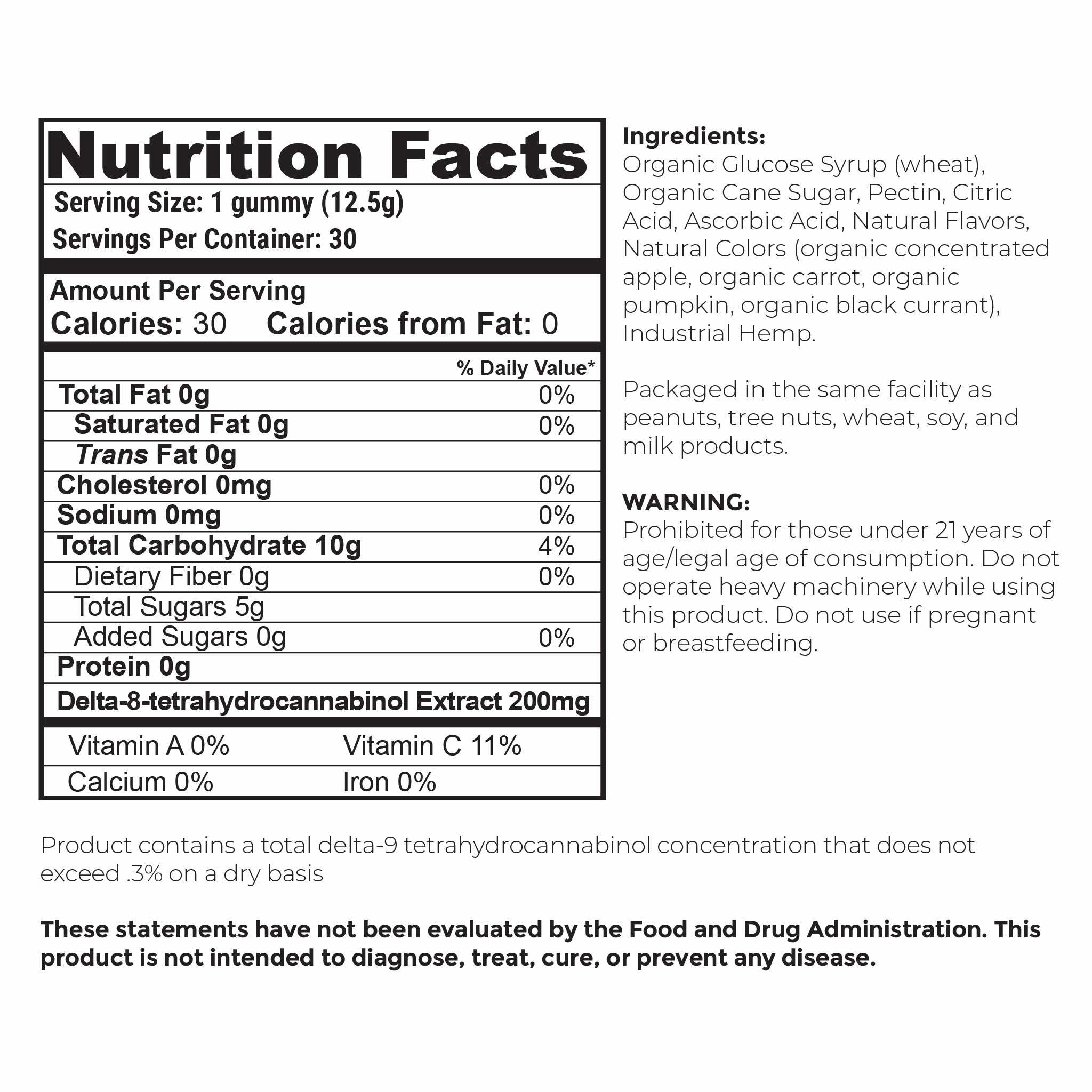 Nutrition facts and serving size information for Barney's Botanicals 200mg Delta 8 THC Gummies in Assorted Flavors - 30 Count
