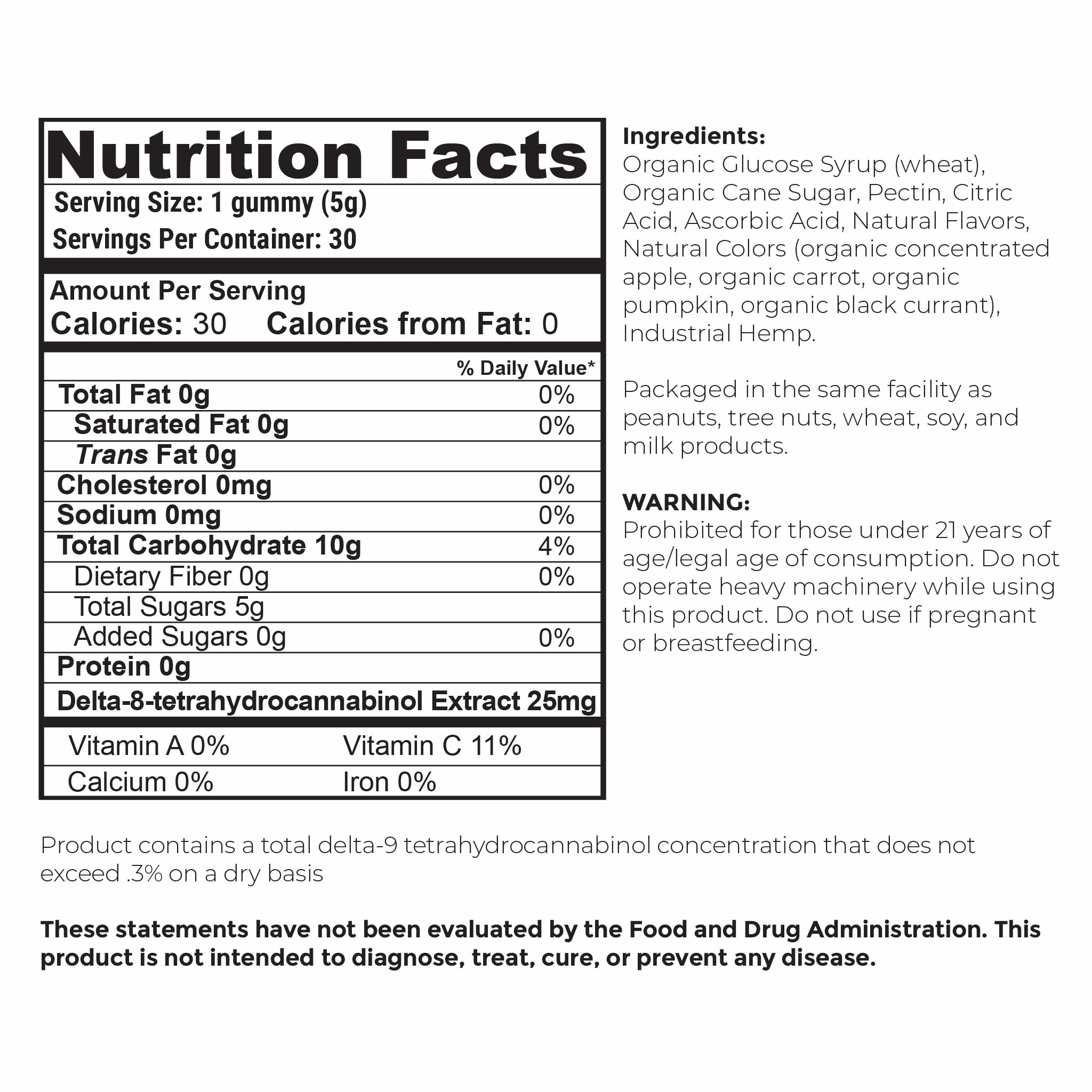 Nutrition facts and serving size information Barney's Botanticals 25mg Delta 8 Gummies in Pineapple Express Flavor - 30 Count Bottle