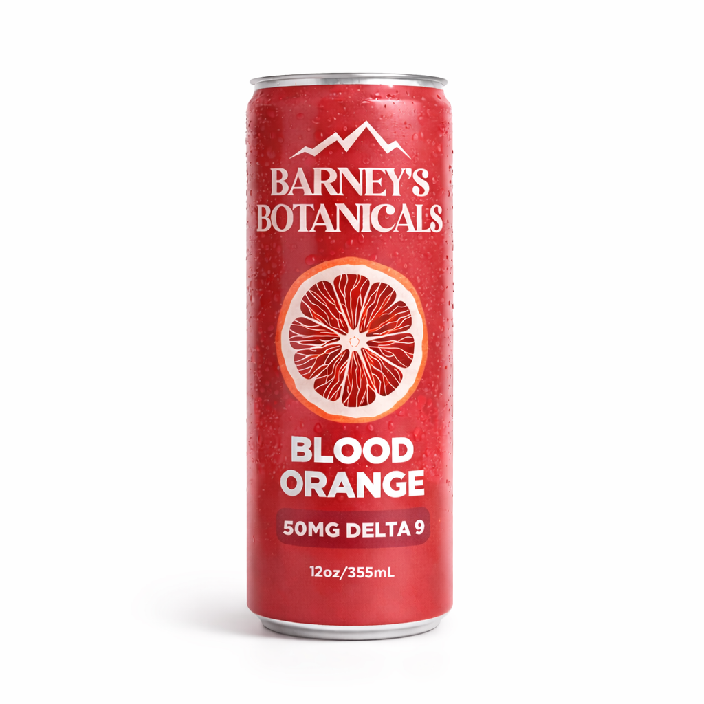 Red can of Barney's Botanicals Blood Orange drink on a white background