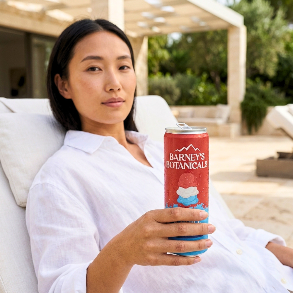 Woman holding a can of 'Barney's Botanicals' outdoors