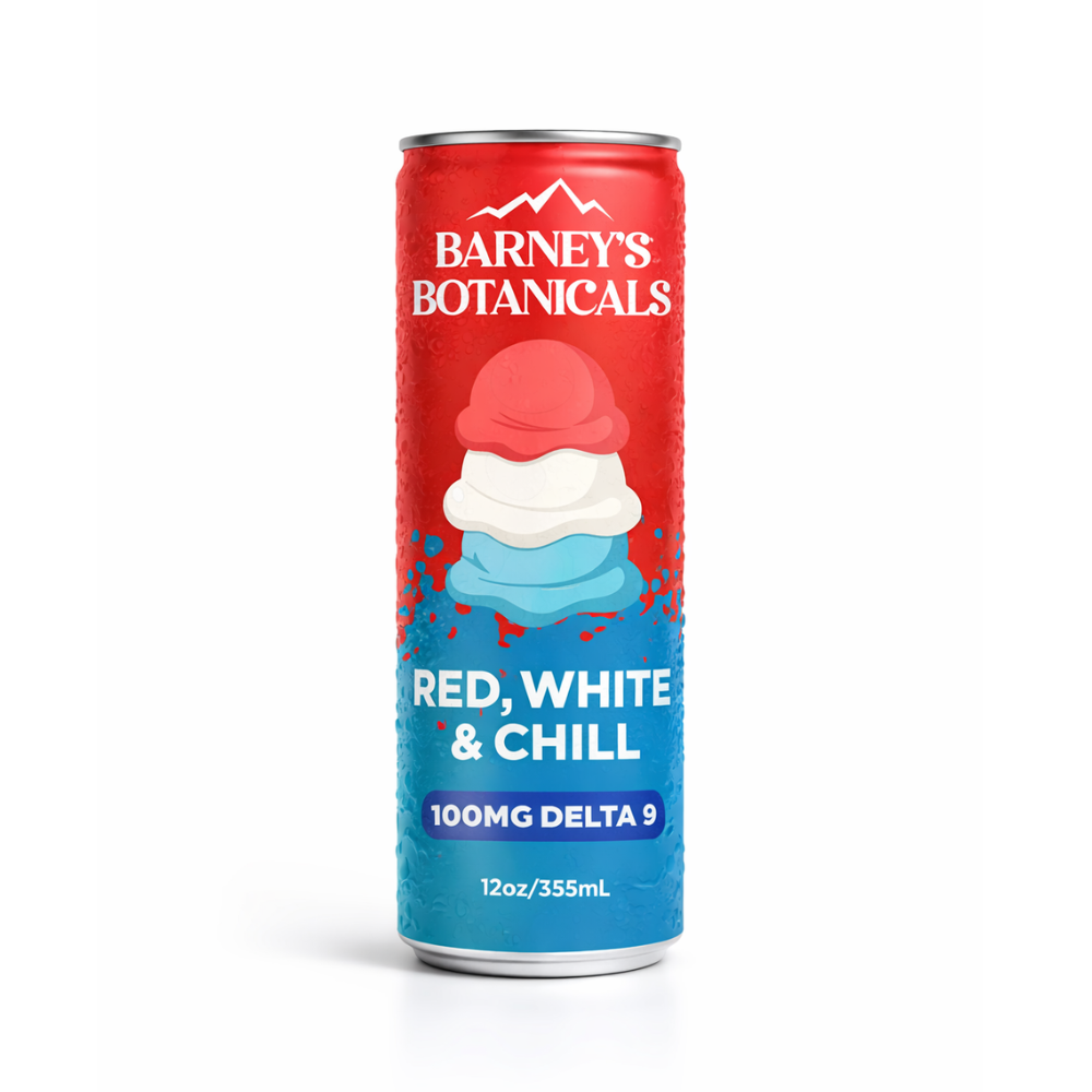 Barney's Botanicals Red, White & Chill Delta 9 100mg product can on a white background