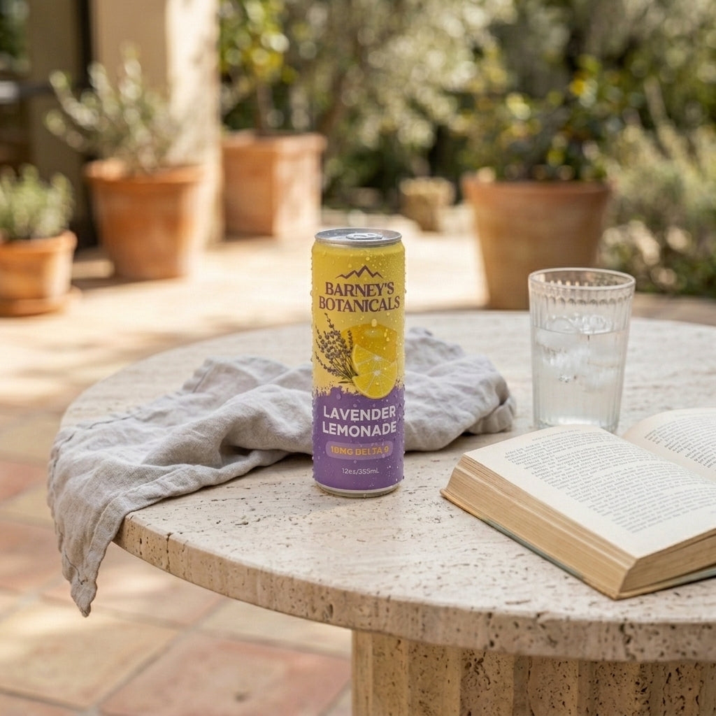 Barney's Botanicals lavender lemonade can on a table with a glass and open book, outdoor setting.