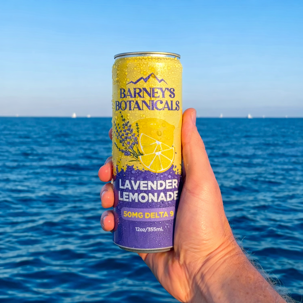 Hand holding a can of Barney's Botanicals Lavender Lemonade against a blue ocean background