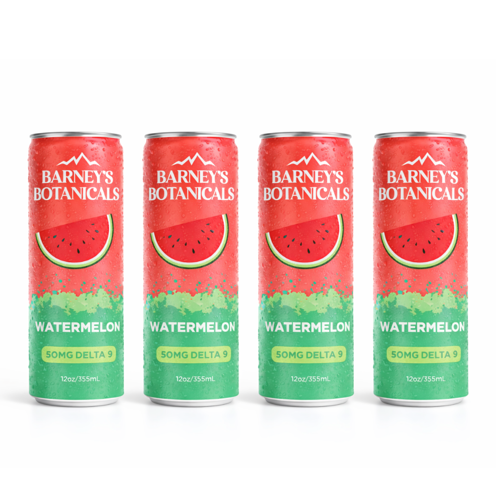 Four cans of Barneys Botanicals Watermelon flavor on a white background
