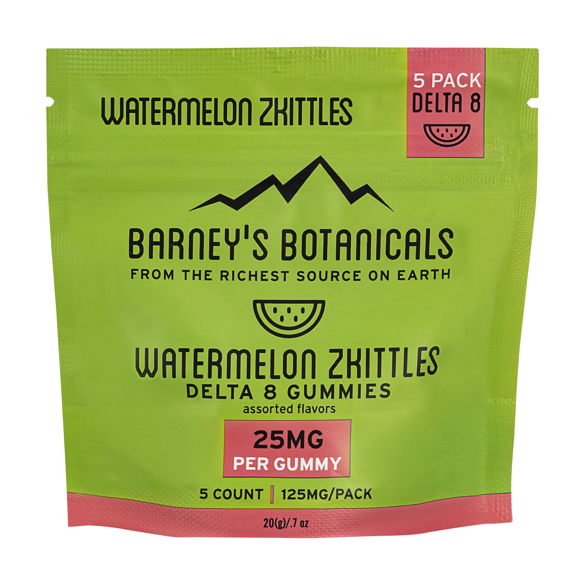 Barney's Botanticals 25mg Delta 8 Gummies in Watermelon Zkittles Flavor - 5 Count Bag
