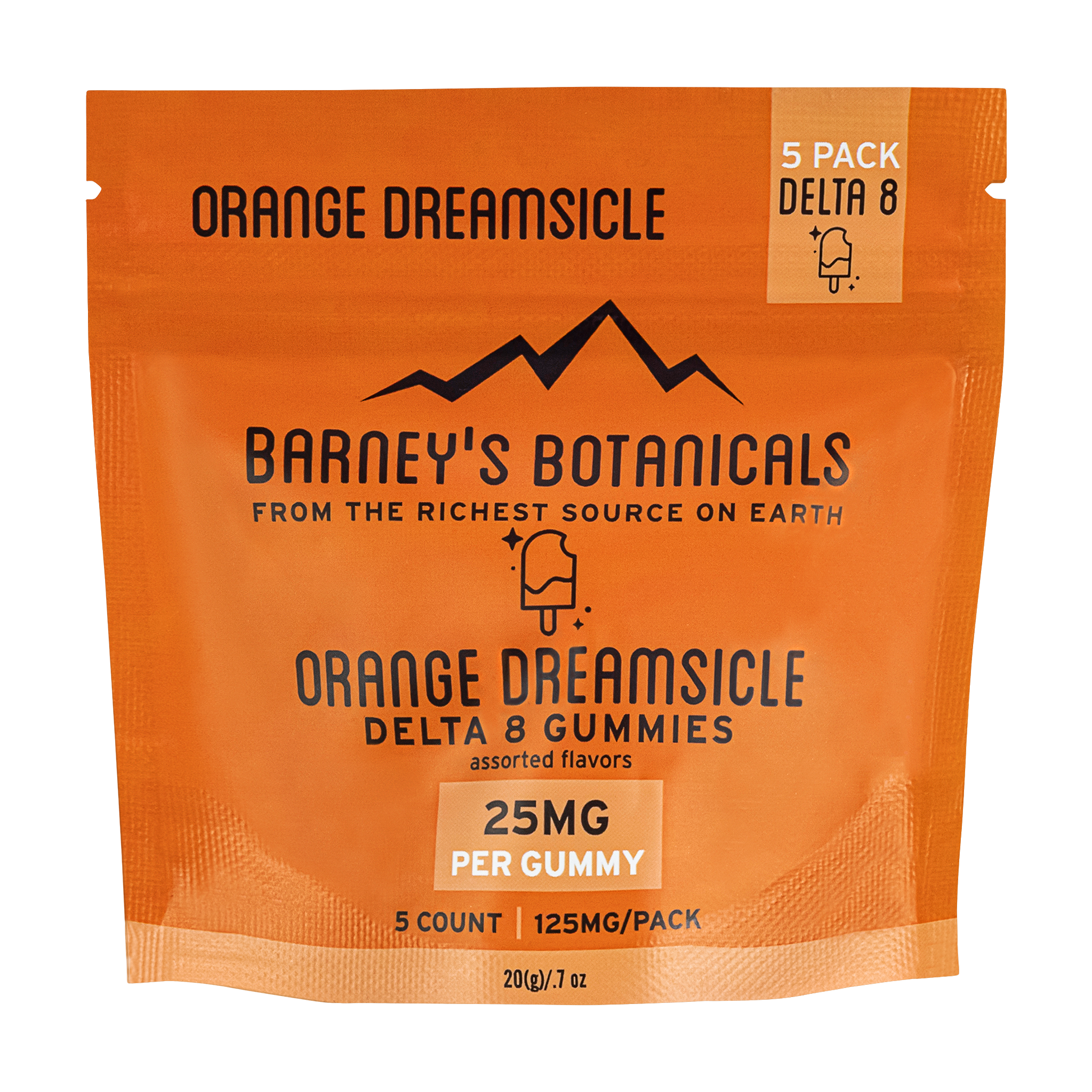 Barney's Botanticals 25mg Delta 8 Gummies in Orange Dreamsicle Flavor - 5 Count Bag