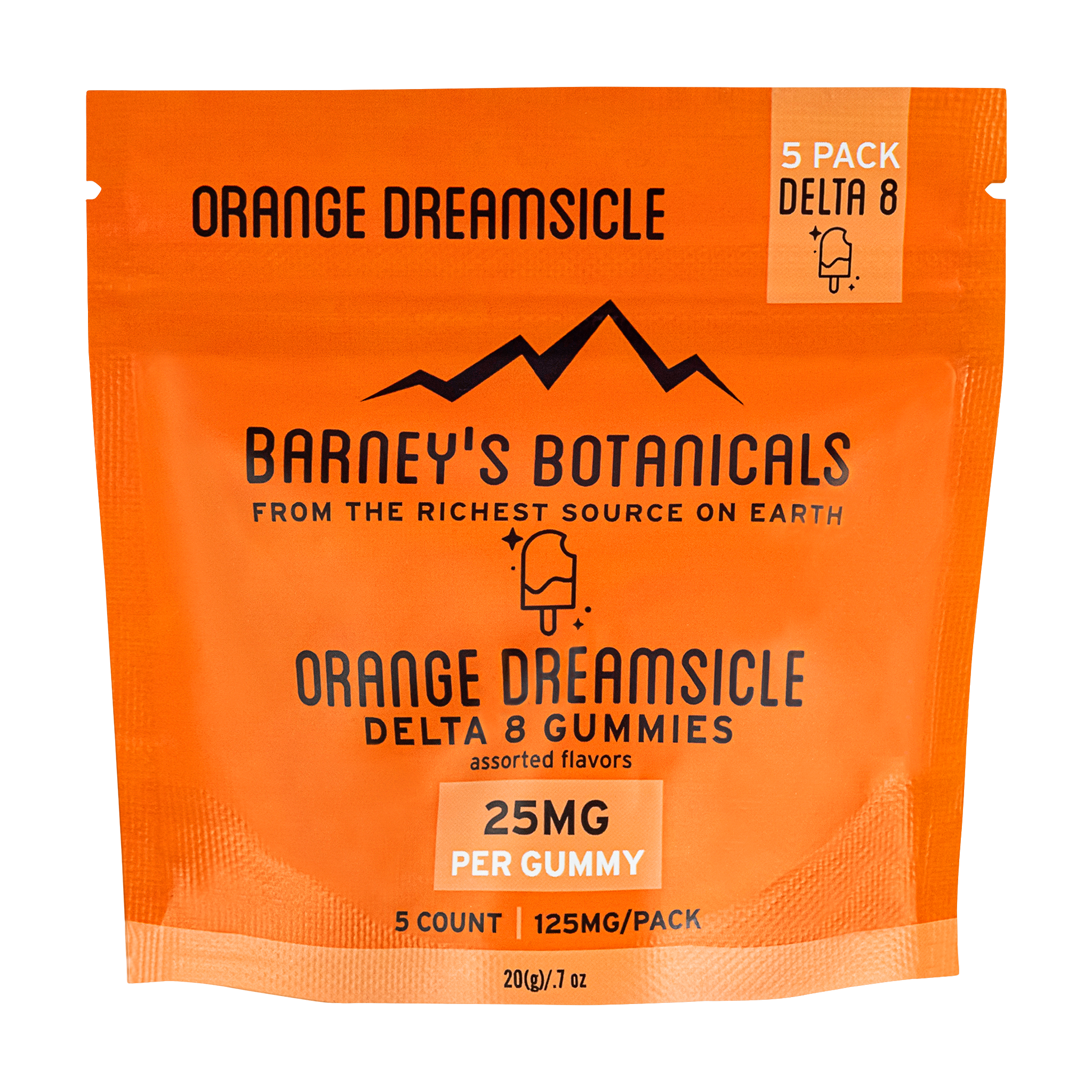 Barney's Botanticals 25mg Delta 8 Gummies in Orange Dreamsicle Flavor - 5 Count Bag