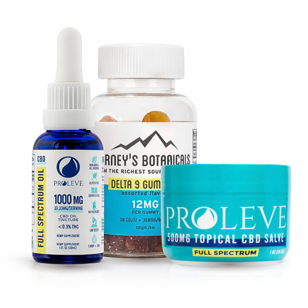 Three CBD products from Proleve and Barney's Botanicals on a white background