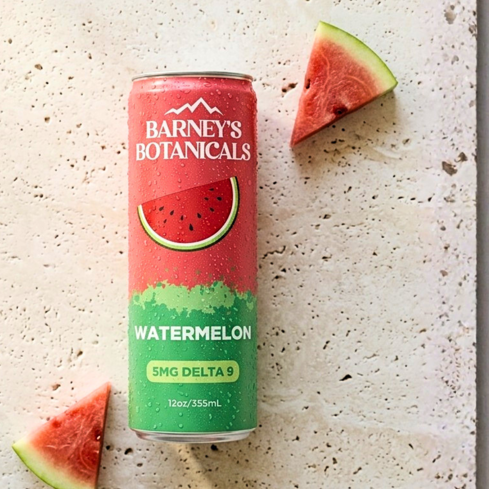 Barney's Botanicals watermelon-flavored drink can.