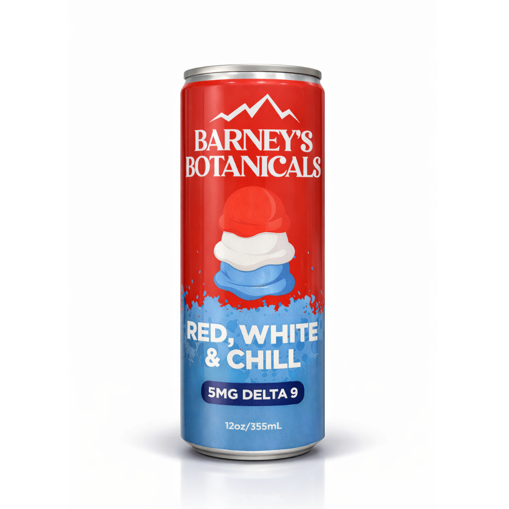 Barney's Botanicals Delta 9 THC product can on a white background. Red, White and Chill flavor. 