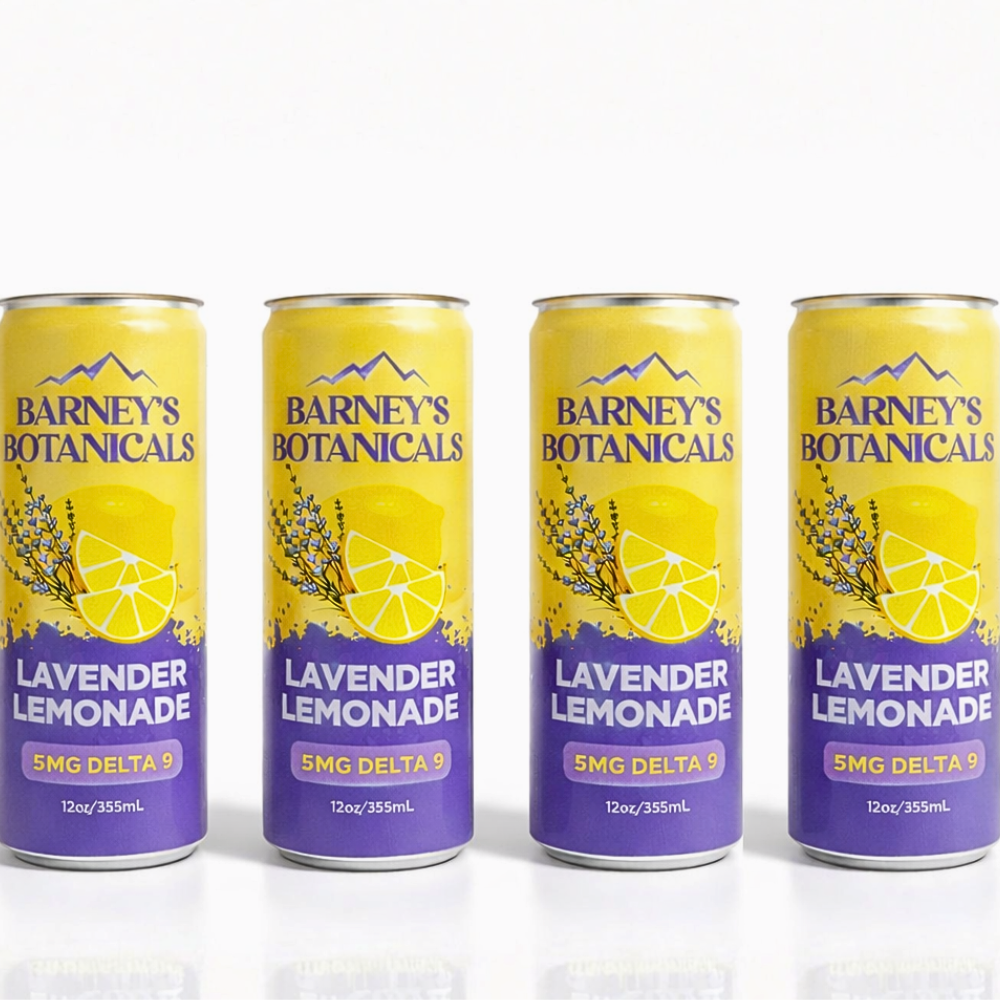 Four cans of Barney's Botanicals Lavender Lemonade with purple labels on a white background.
