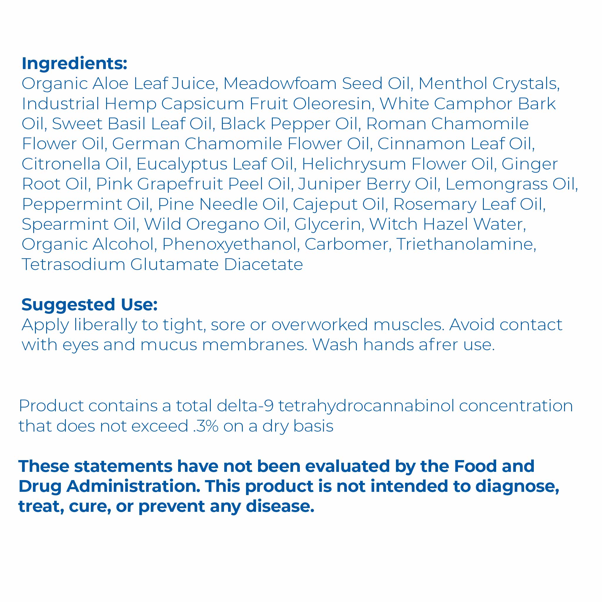 Ingredients list label closeup of Proleve 2000mg CBD Broad Spectrum Warming Roll-On Bottle