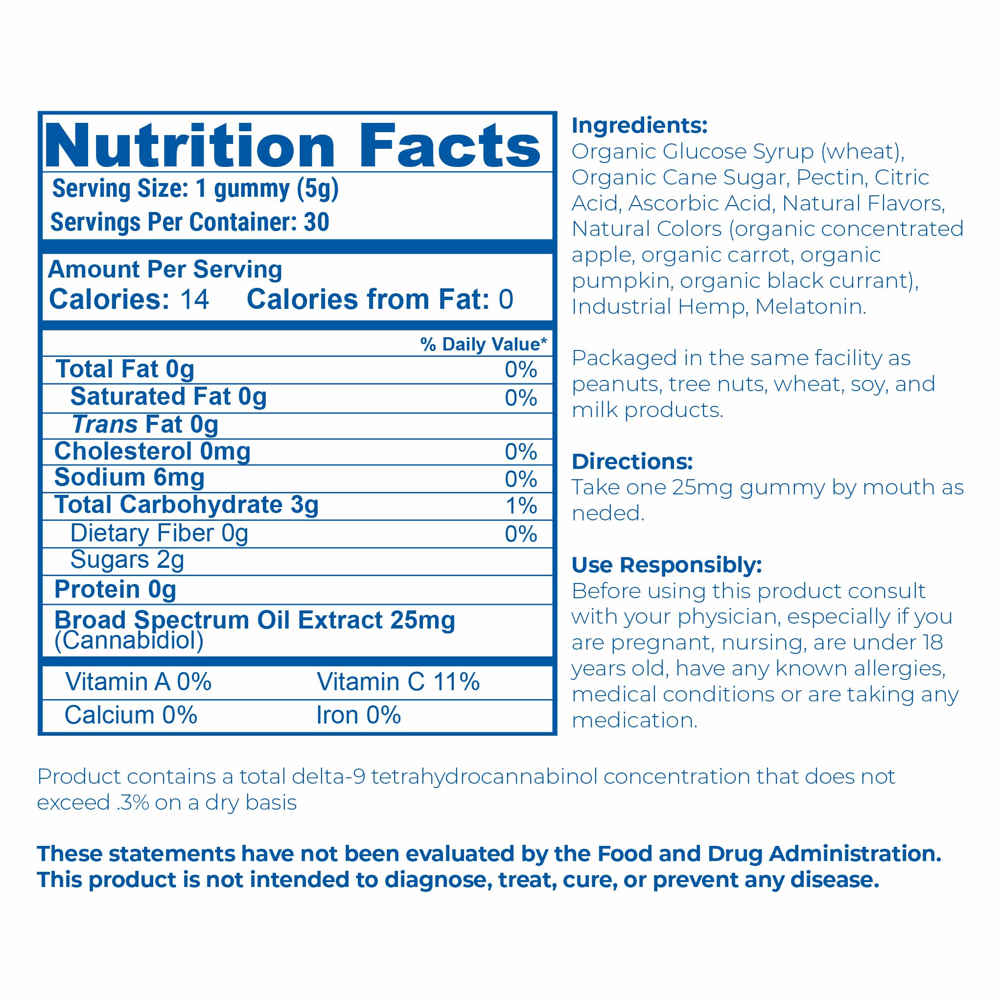 Nutrition facts and serving size information for Proleve 25MG Broad Spectrum CBD PM Sleep Gummies 30 Ct Bottle