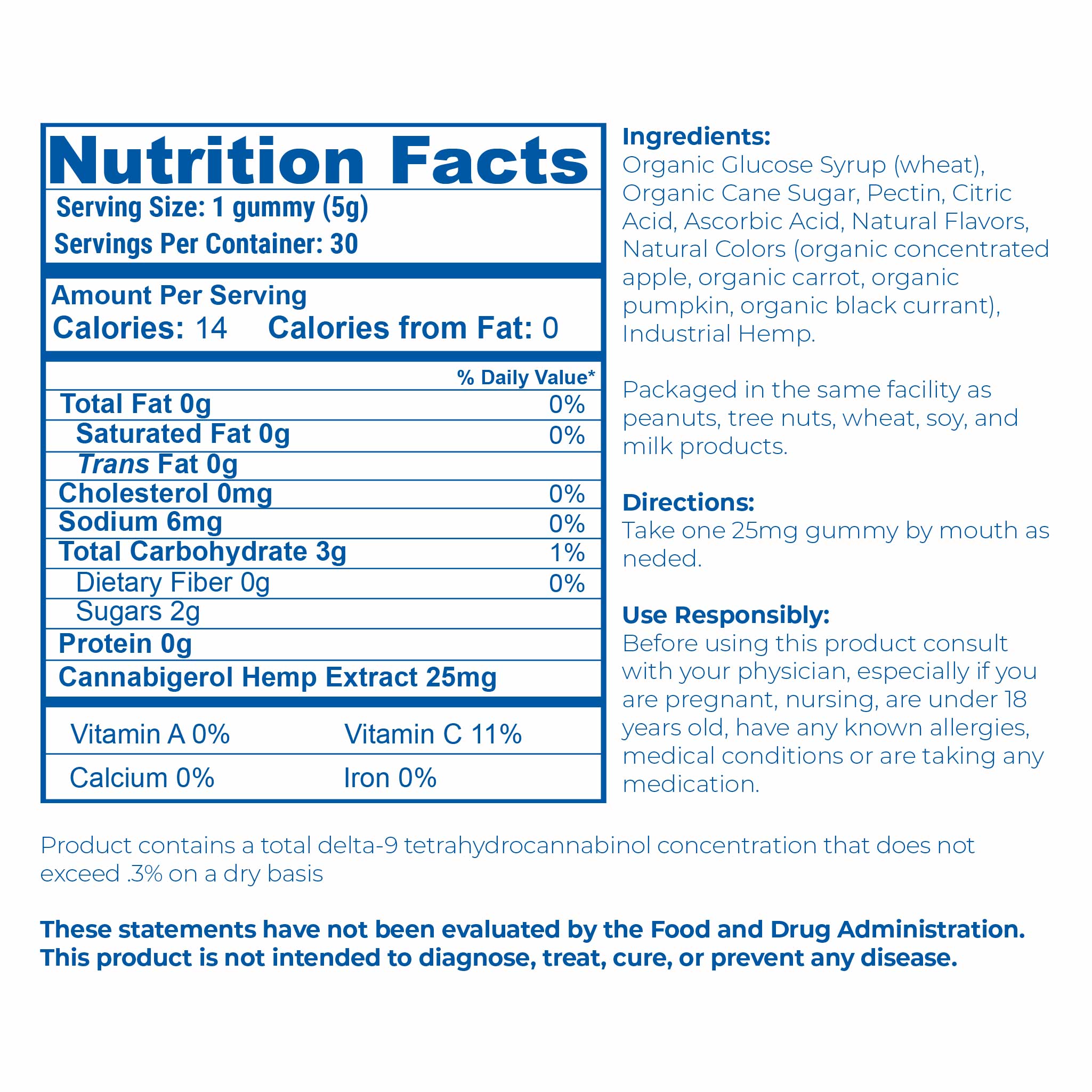 Nutrition facts and serving size information for Proleve 25MG CBG Cannabigerol Gummies 30 Count Bottle