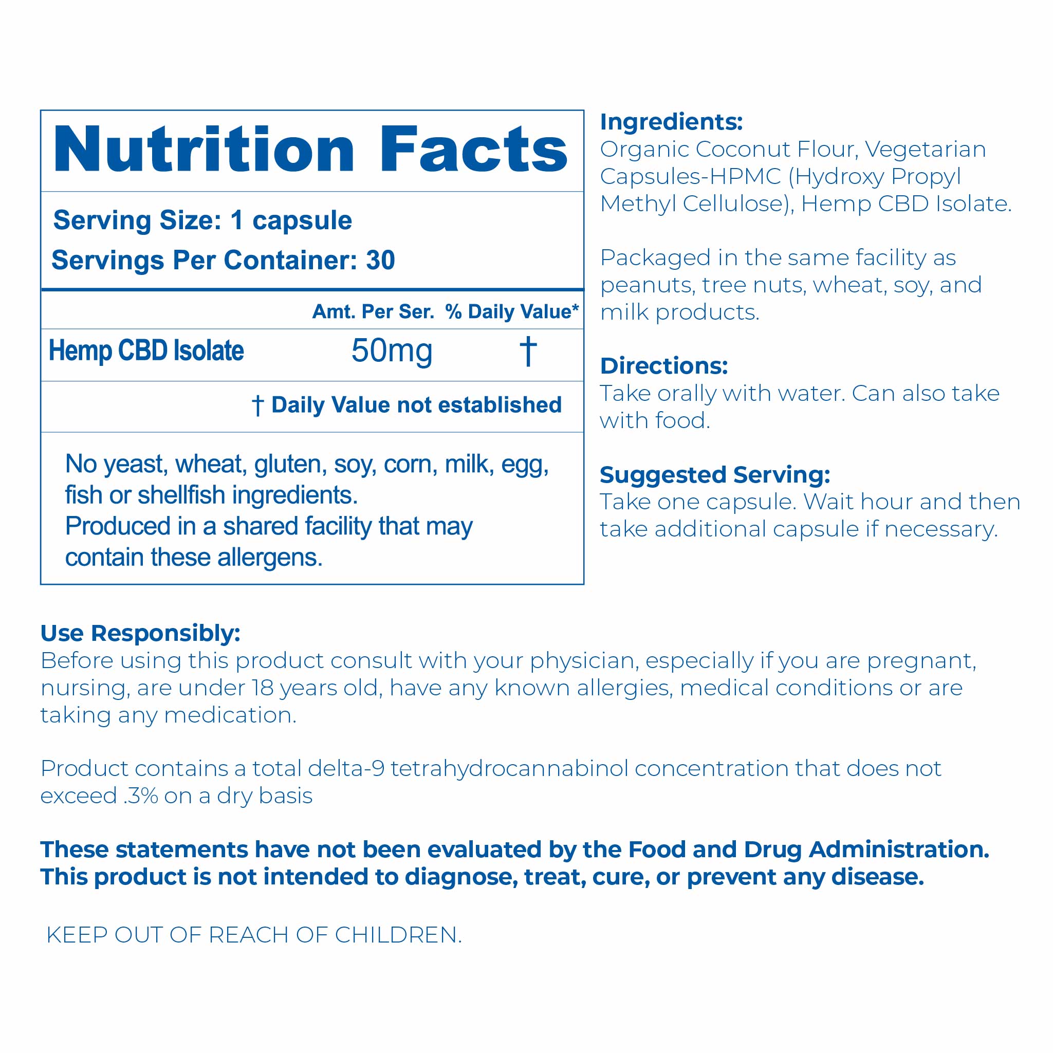 Nutrition facts and serving size information label close up of Proleve 50mg CBD Isolate Capsules 30 Count Bottle