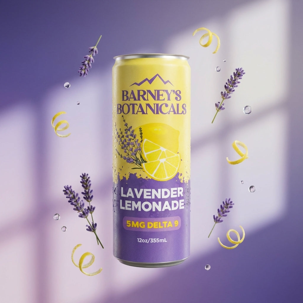 Barney's Botanicals Lavender Lemonade can with lavender flowers and lemon slices on a purple background
